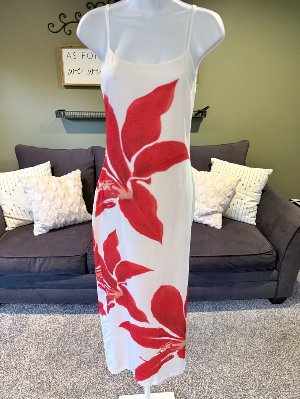 Commense White Maxi Dress with Red Floral Design